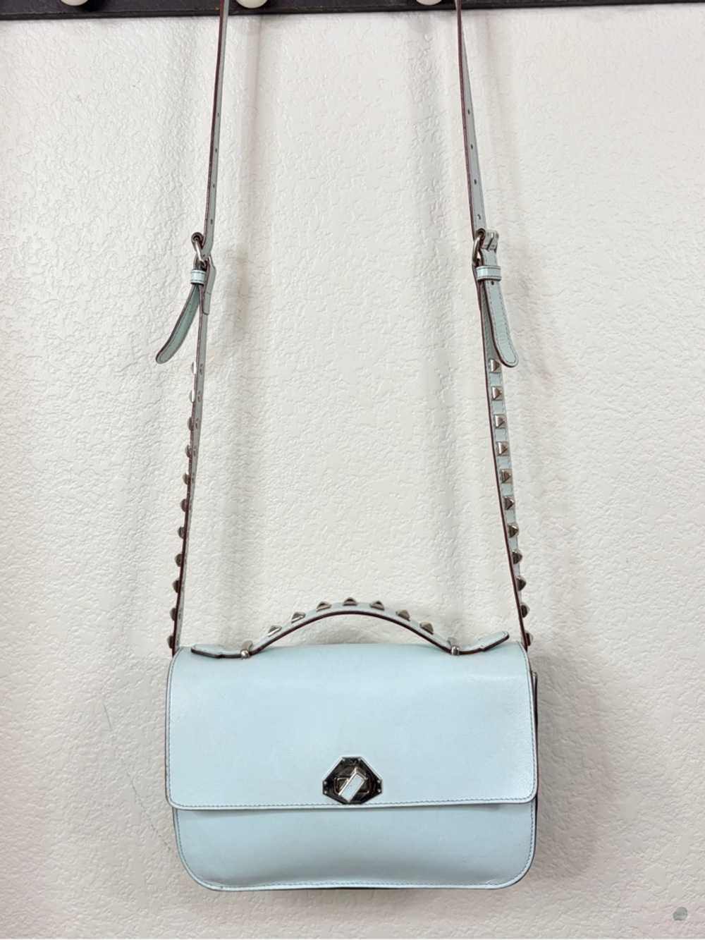 Rebecca Minkoff Pale Mint Leather Crossbody Bag with Studded Strap Top Handle